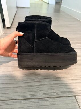 UGG Black Suede Platform Short Boot Slippers